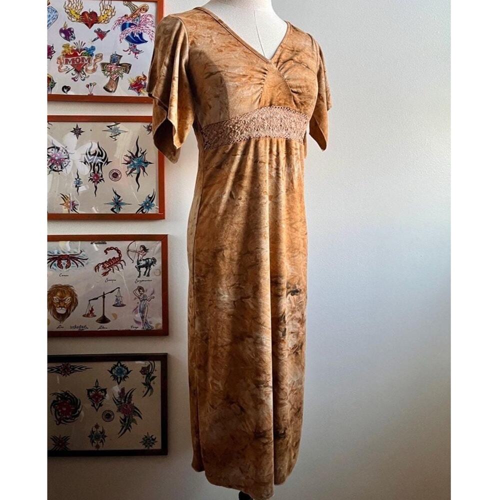 Vintage 90s Brown Bias Cut Dress | Crochet Waist Flutter Sleeve Boho Fairy | S/M